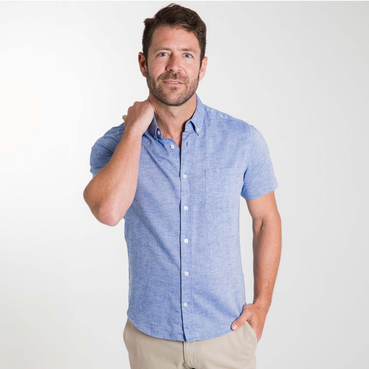 Ash & Erie Blue Linen Short Sleeve Shirt for Short Men   Short Sleeve Everyday Shirts