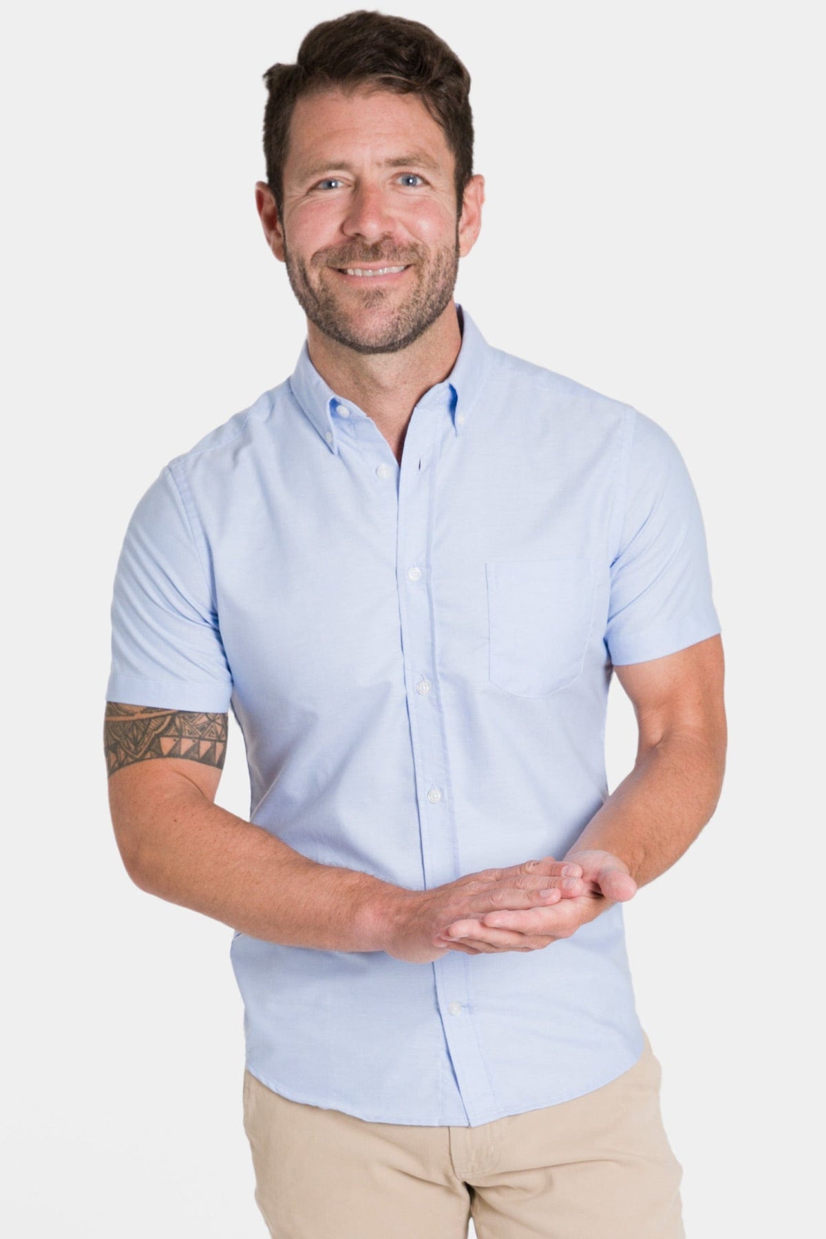 Ash & Erie Blue Oxford Wrinkle Free Short Sleeve Shirt for Short Men