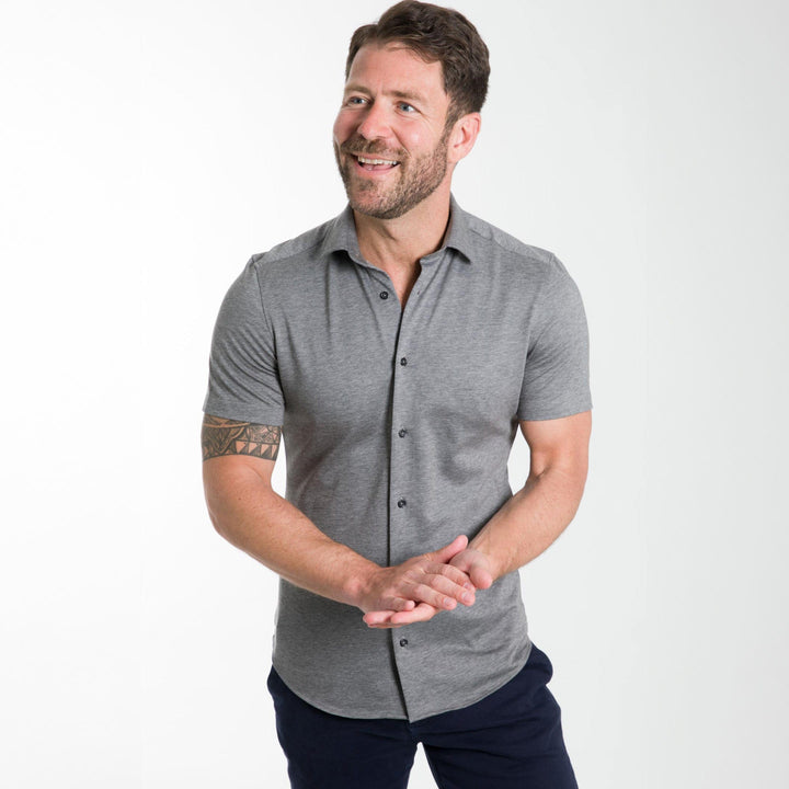 Ash & Erie Charcoal Mélange Short Sleeve Performance Stretch Shirt for Short Men   Short Sleeve Everyday Shirts