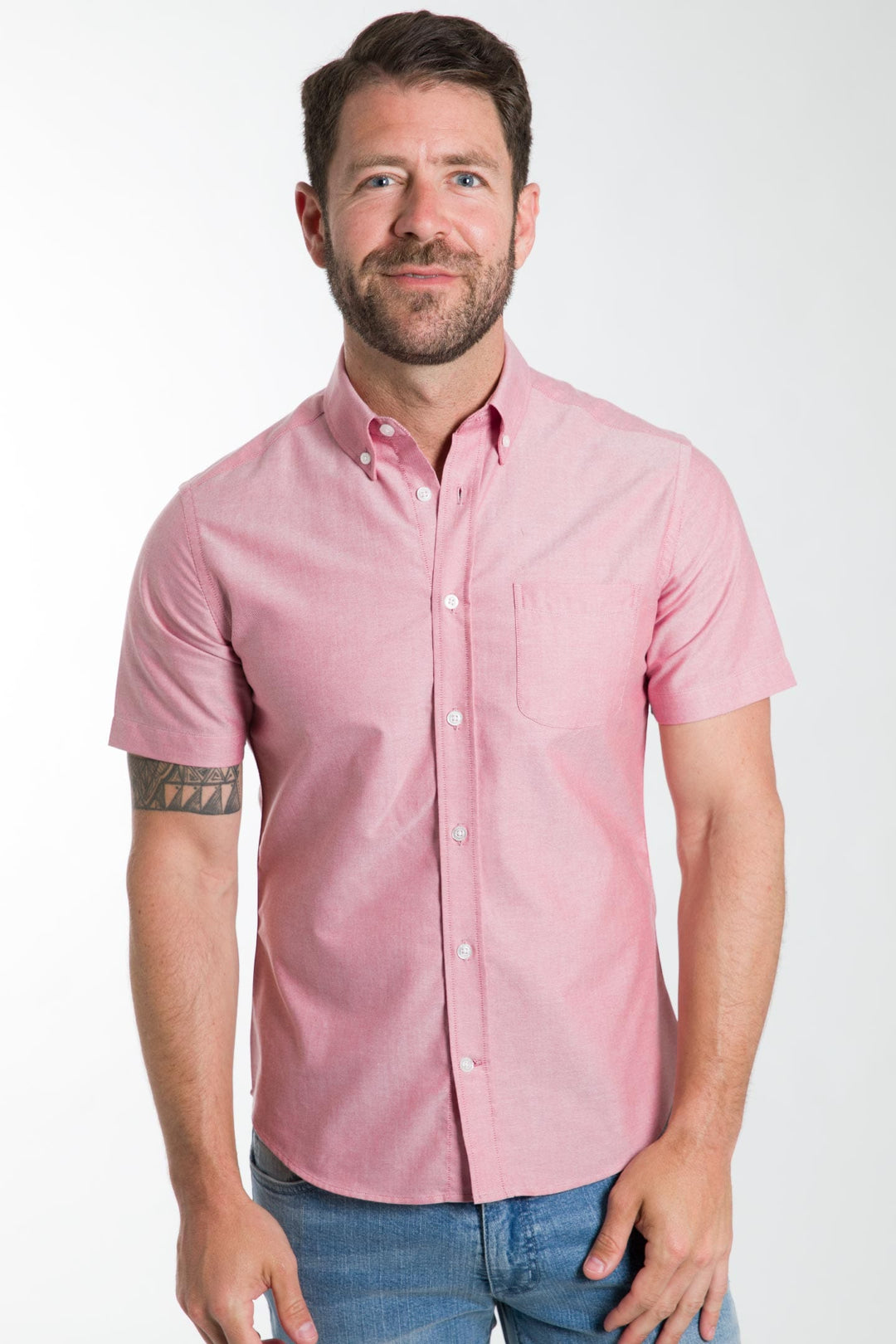 Buy Brick Oxford Wrinkle Free Short Sleeve Shirt for Short Men | Ash & Erie   Short Sleeve Everyday Shirts