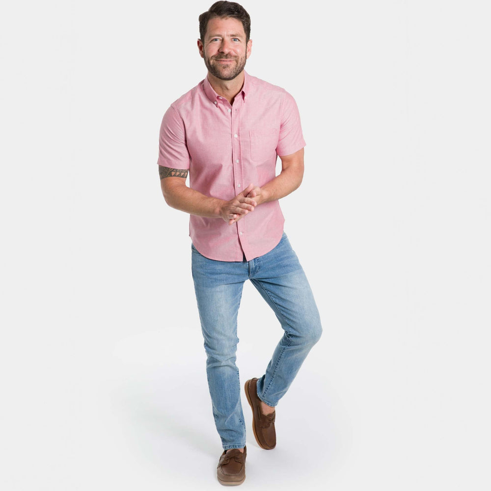 Buy Faded Brick Oxford Wrinkle Free Short Sleeve Shirt for Short Men | Ash & Erie   Short Sleeve Everyday Shirts