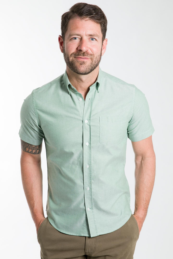 Buy Faded Fern Oxford Wrinkle Free Short Sleeve Shirt for Short Men | Ash & Erie   Short Sleeve Everyday Shirts