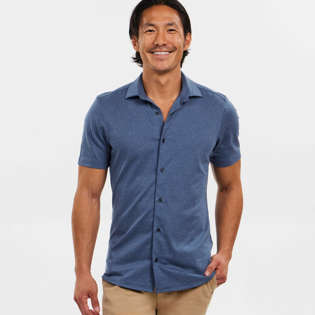 Ash & Erie Indigo Mélange Short Sleeve Performance Stretch Shirt for Short Men   Short Sleeve Everyday Shirts
