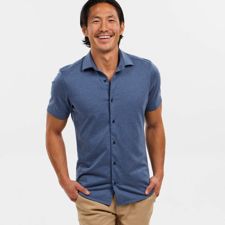 Ash & Erie Indigo Mélange Short Sleeve Performance Stretch Shirt for Short Men   Short Sleeve Everyday Shirts