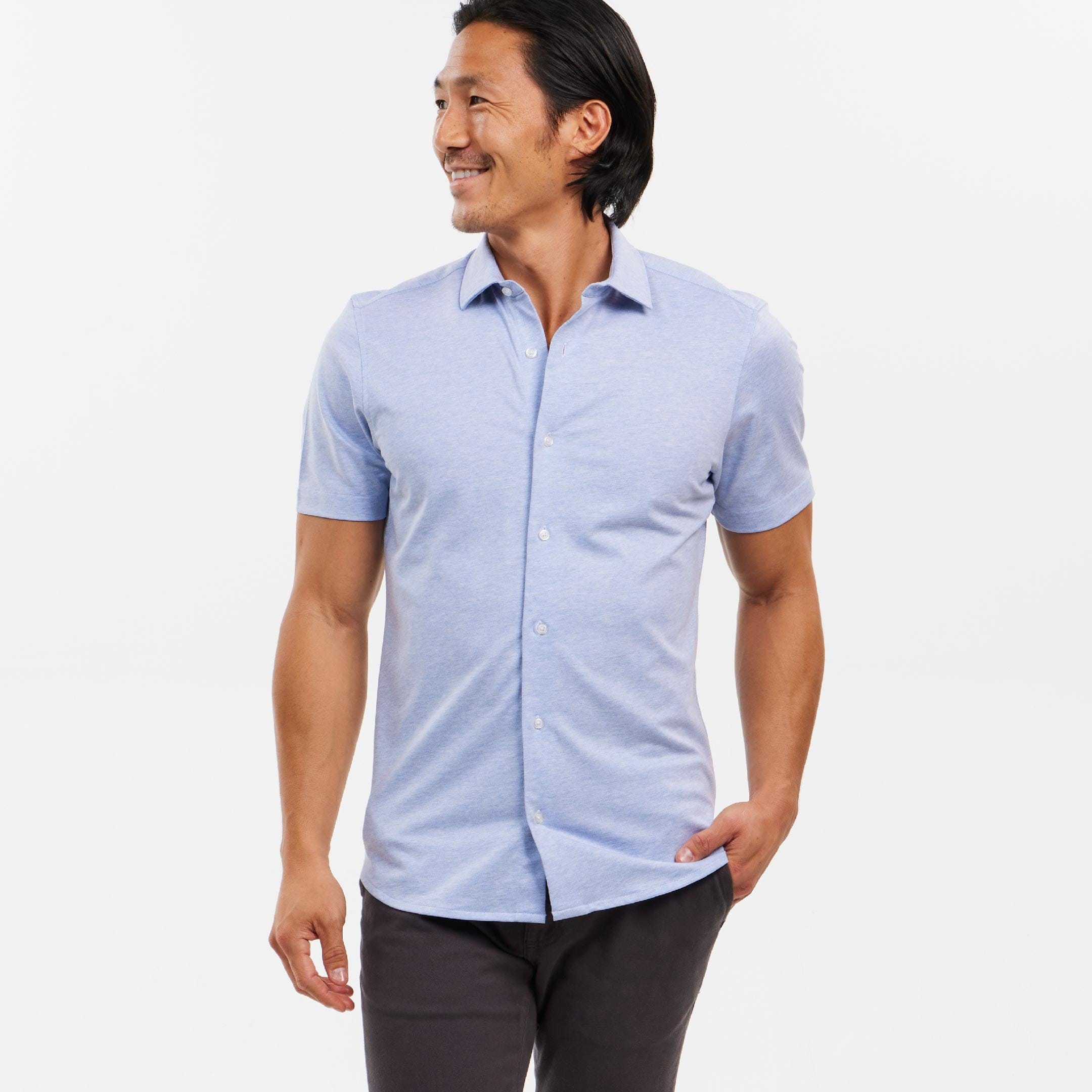 Ash & Erie Light Blue Mélange Short Sleeve Performance Stretch Shirt for Short Men   Short Sleeve Everyday Shirts