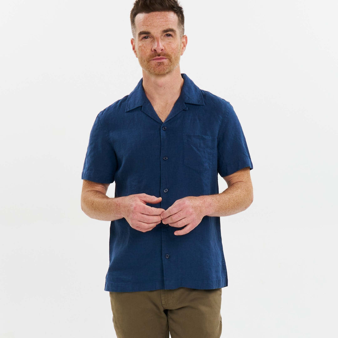 Ash & Erie Navy Linen Camp Collar Short Sleeve Shirt for Short Men Navy Linen / S Ash & Erie Navy Linen Camp Collar Short Sleeve Shirt for Short Men Navy Linen / S