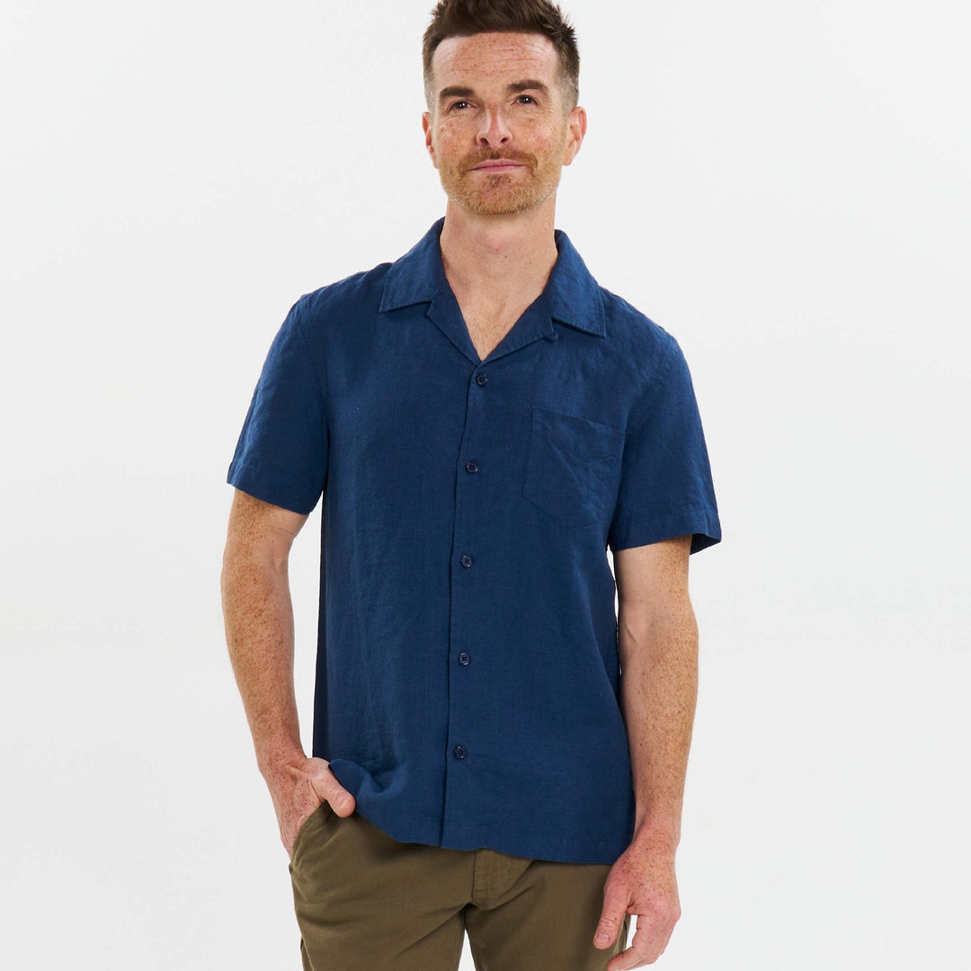 Ash & Erie Navy Linen Camp Collar Short Sleeve Shirt for Short Men   Short Sleeve Everyday Shirts