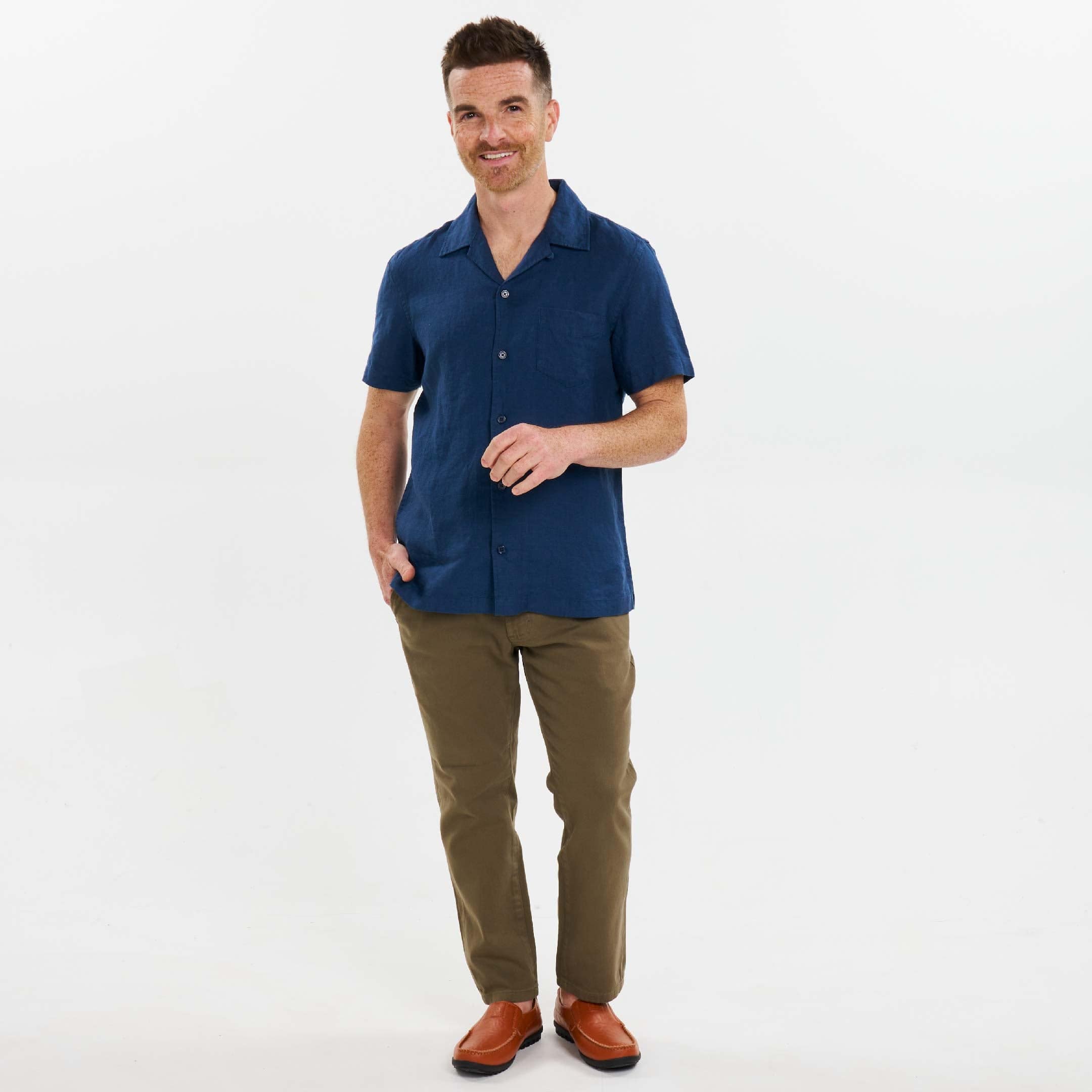 Ash & Erie Navy Linen Camp Collar Short Sleeve Shirt for Short Men Navy Linen / S