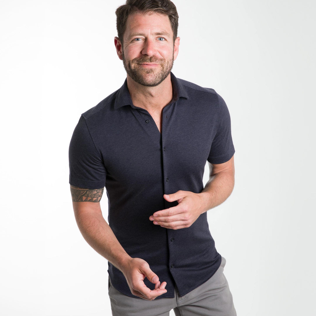 Ash & Erie Navy Mélange Short Sleeve Performance Stretch Shirt for Short Men   Short Sleeve Everyday Shirts