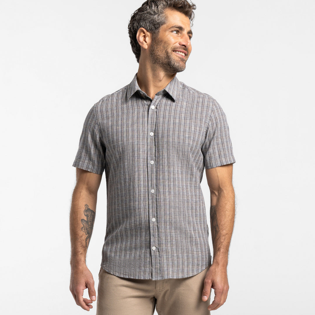 Ash & Erie Nickel Plaid Linen Short Sleeve Shirt for Short Men   Short Sleeve Everyday Shirts