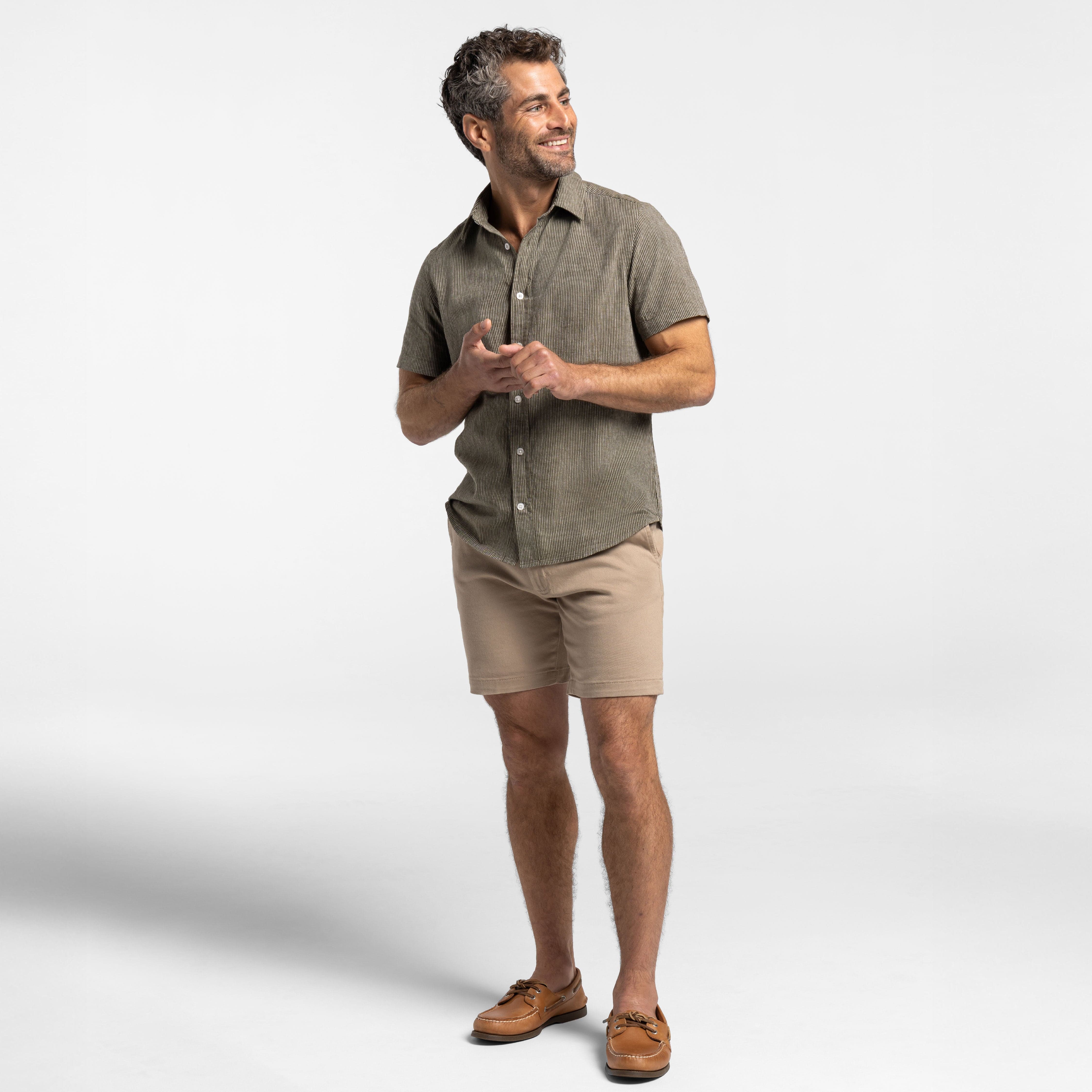 Ash & Erie Olive Stripes Linen Short Sleeve Shirt for Short Men   Short Sleeve Everyday Shirts