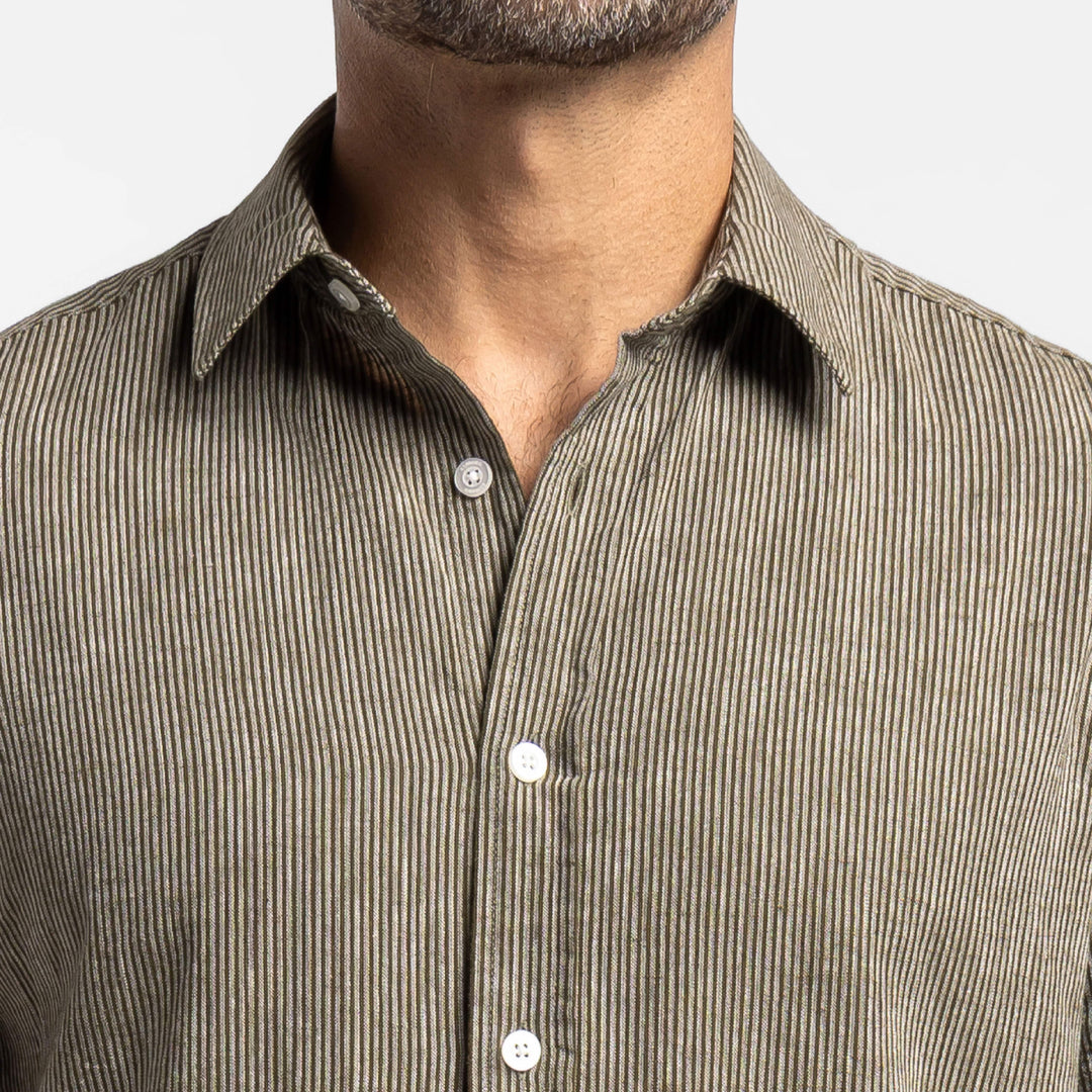 Ash & Erie Olive Stripes Linen Short Sleeve Shirt for Short Men   Short Sleeve Everyday Shirts