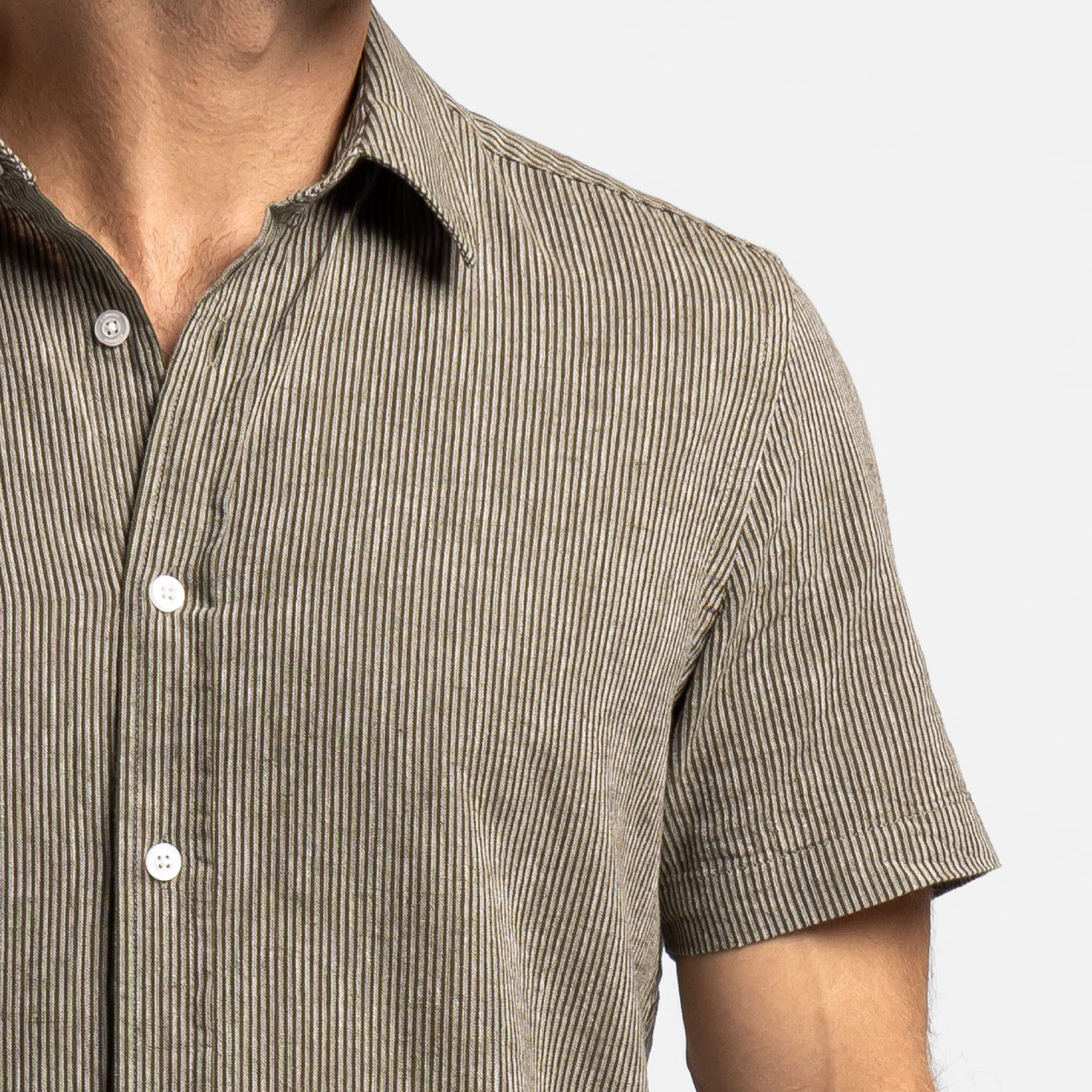 Ash & Erie Olive Stripes Linen Short Sleeve Shirt for Short Men   Short Sleeve Everyday Shirts