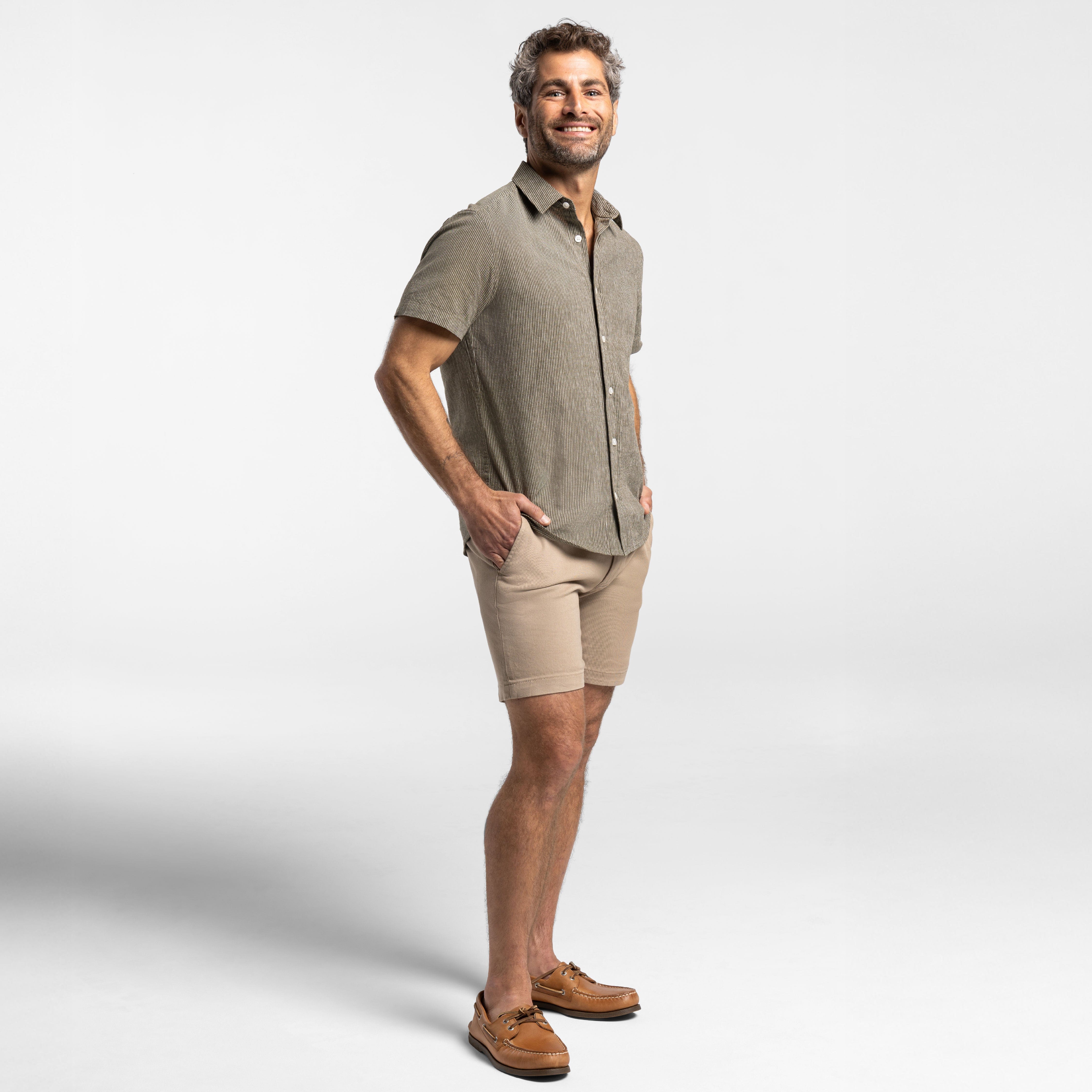 Ash & Erie Olive Stripes Linen Short Sleeve Shirt for Short Men   Short Sleeve Everyday Shirts