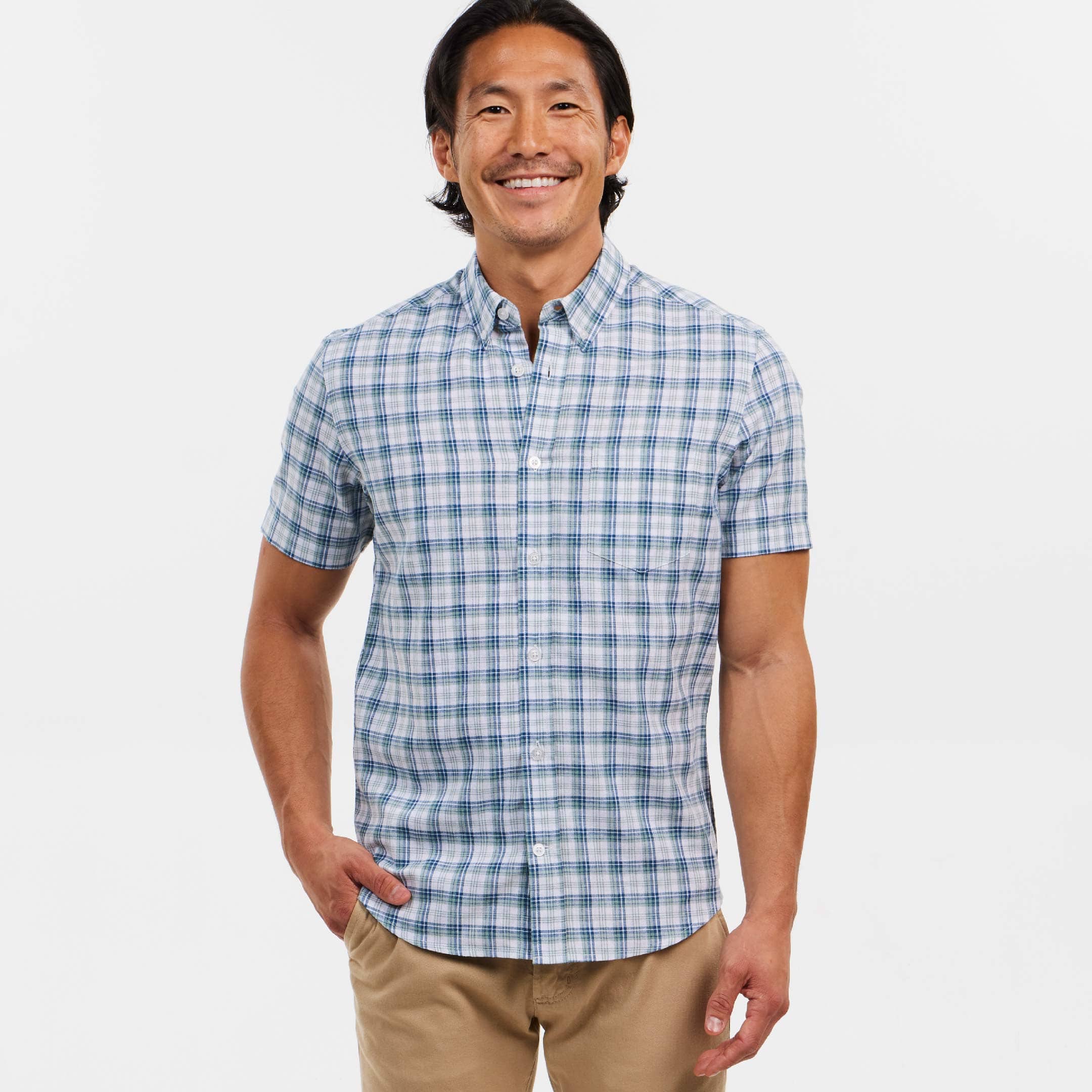 Ash & Erie Navy Gingham Wrinkle Free Short Sleeve Shirt for Short Men   Short Sleeve Everyday Shirts