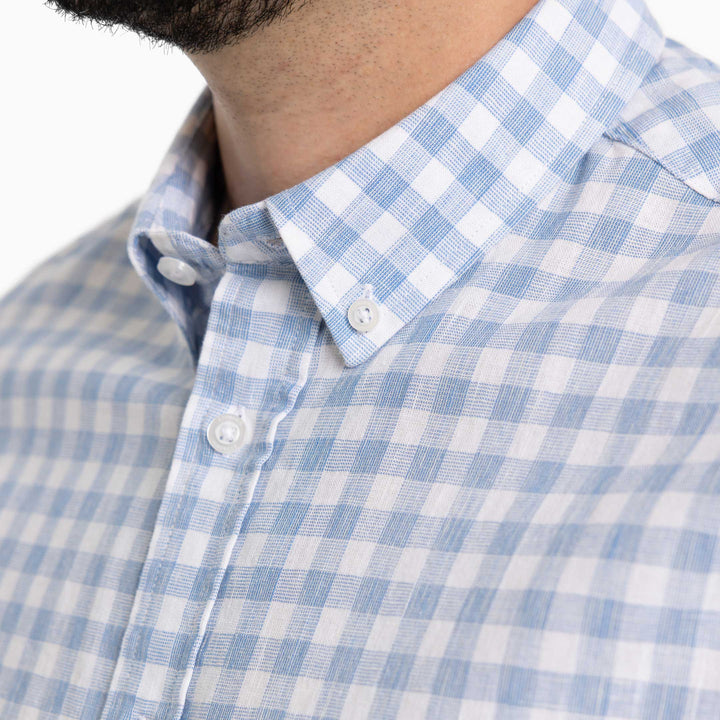 Ash & Erie Sky Gingham Linen Short Sleeve Shirt for Short Men   Short Sleeve Everyday Shirts