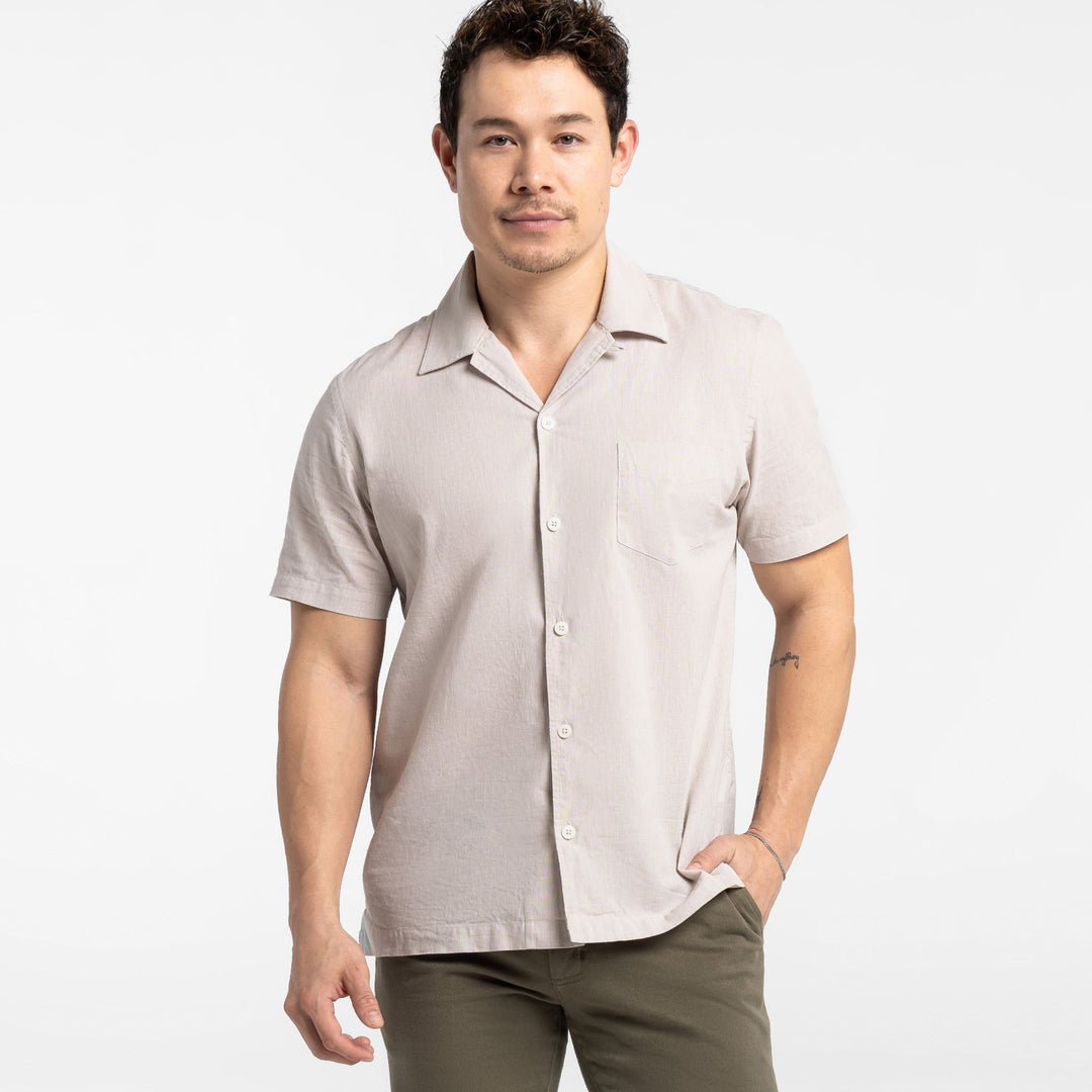 Ash & Erie Tan Linen Camp Collar Short Sleeve Shirt for Short Men   Short Sleeve Everyday Shirts