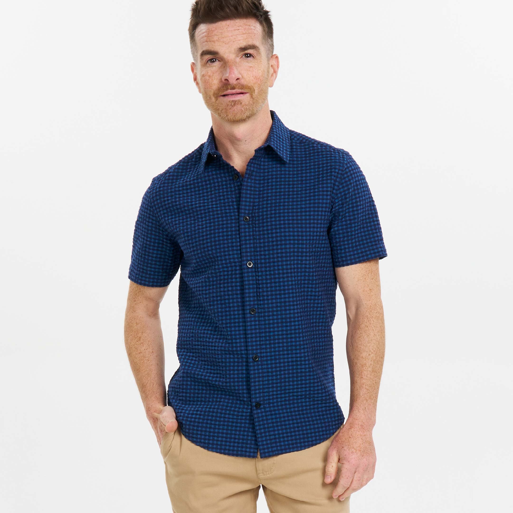 Ash & Erie Wharf Gingham Seersucker Short Sleeve Shirt for Short Men   Short Sleeve Everyday Shirts
