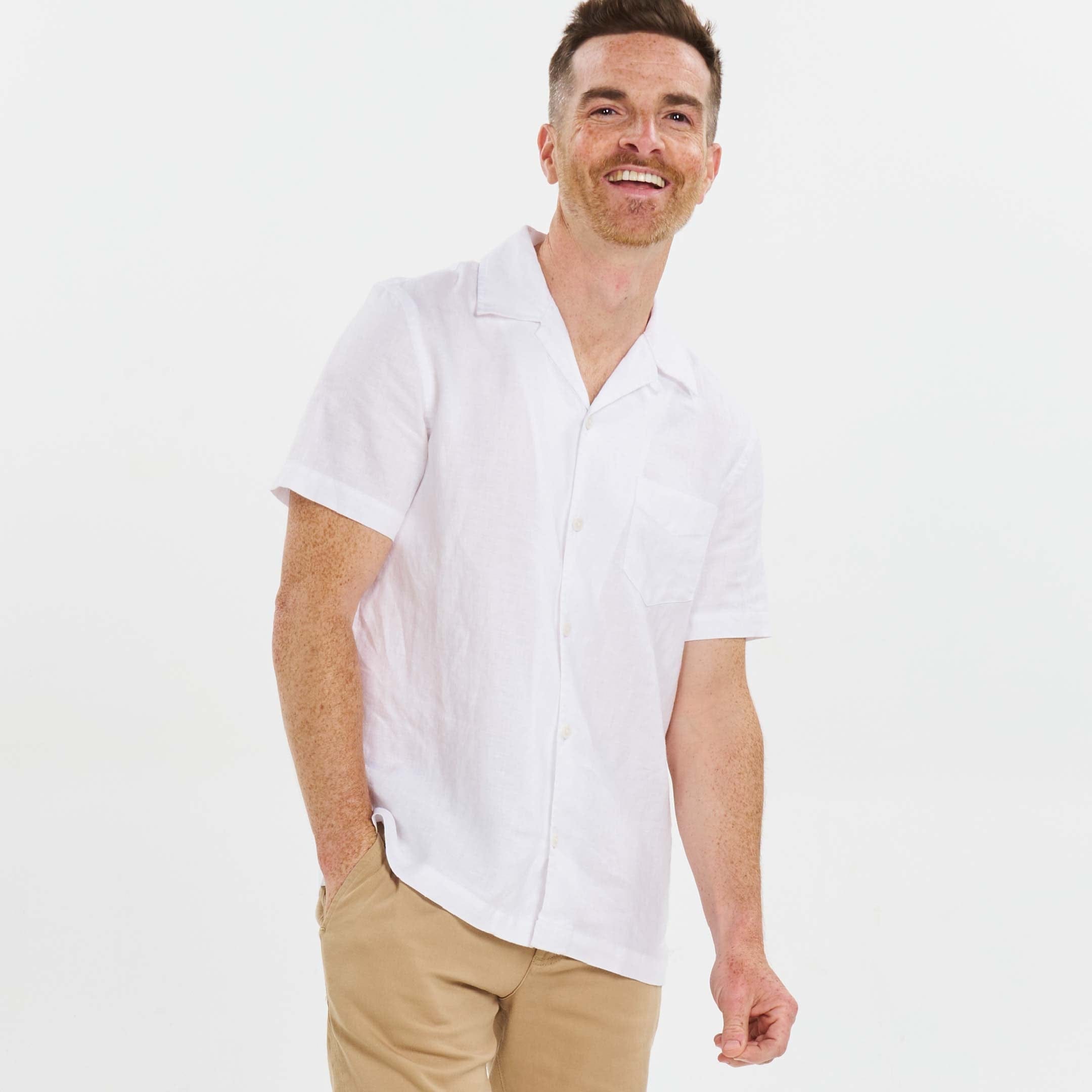 Ash Erie White Linen Camp Collar Short Sleeve Shirt for Short Men