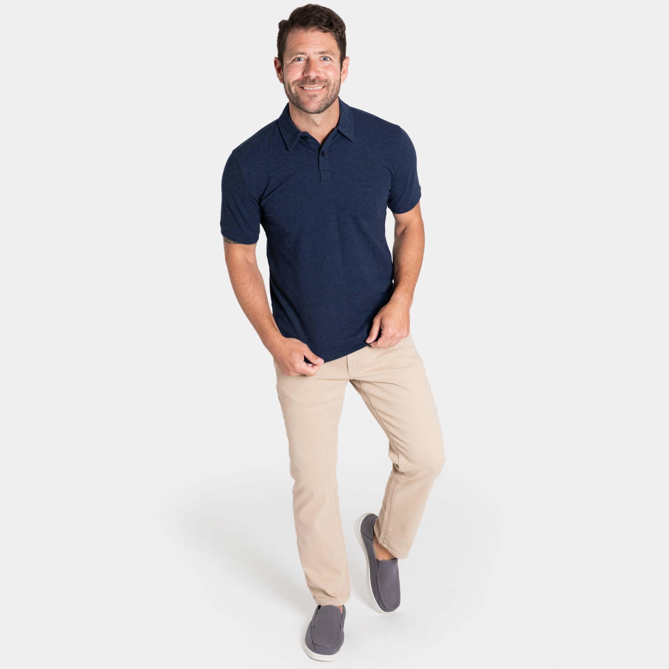 Polo Shirt And Dress Pants Untucked Ash Erie Heather Navy Pique