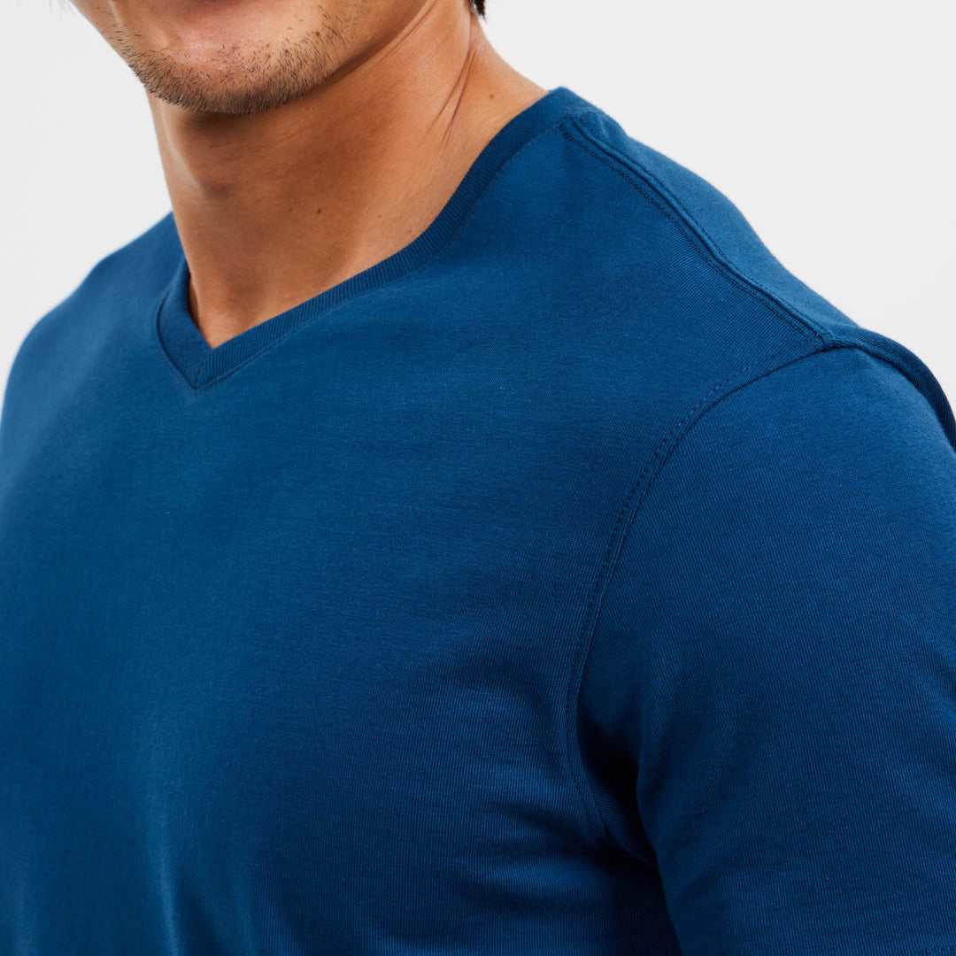 Buy Blue Pima Cotton V Neck T-Shirt for Short Men | Ash & Erie   Short Sleeve Premium Tee