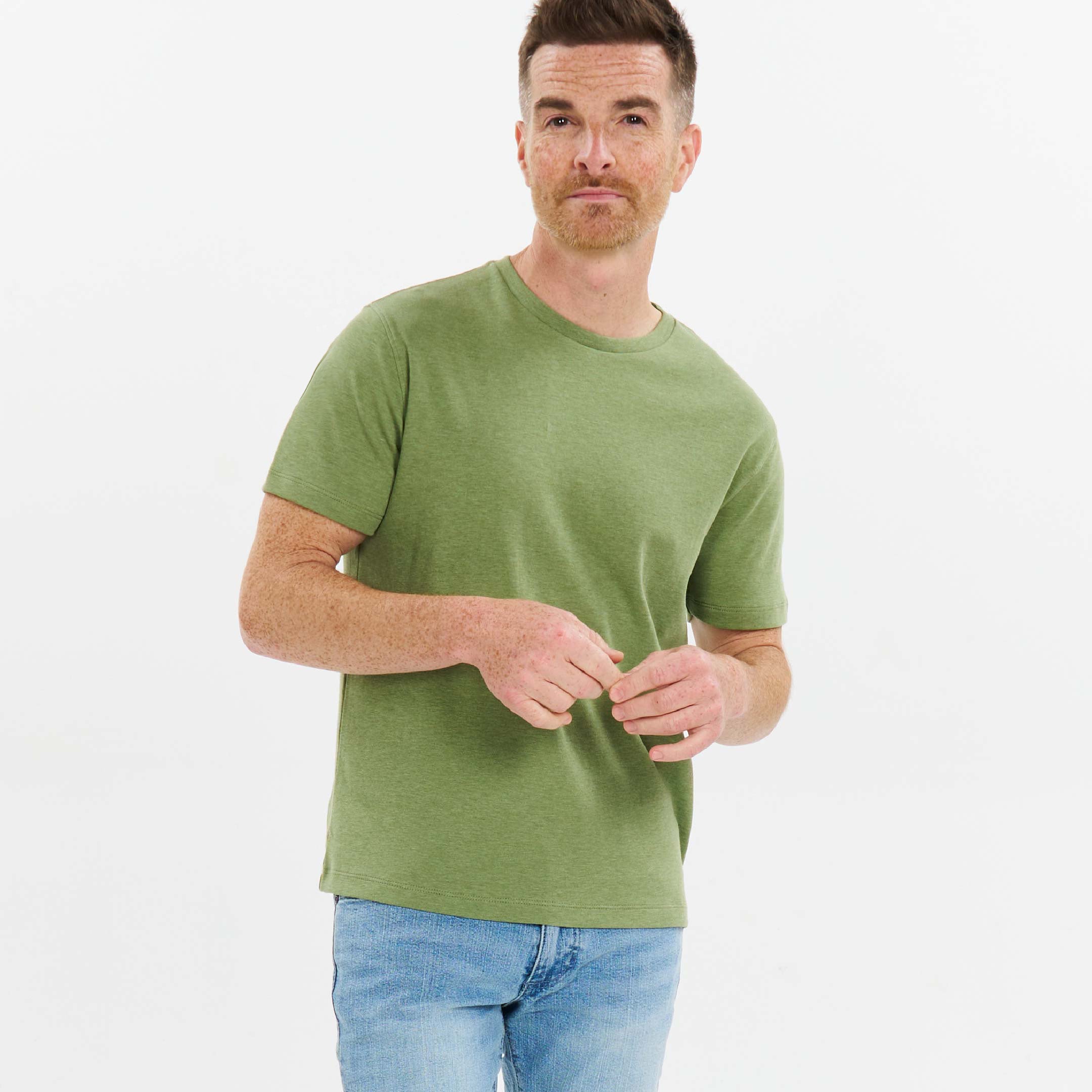Ash & Erie Heather Green Luxury Soft Touch Crew Neck T-Shirt for Short Men   Short Sleeve Premium Tee