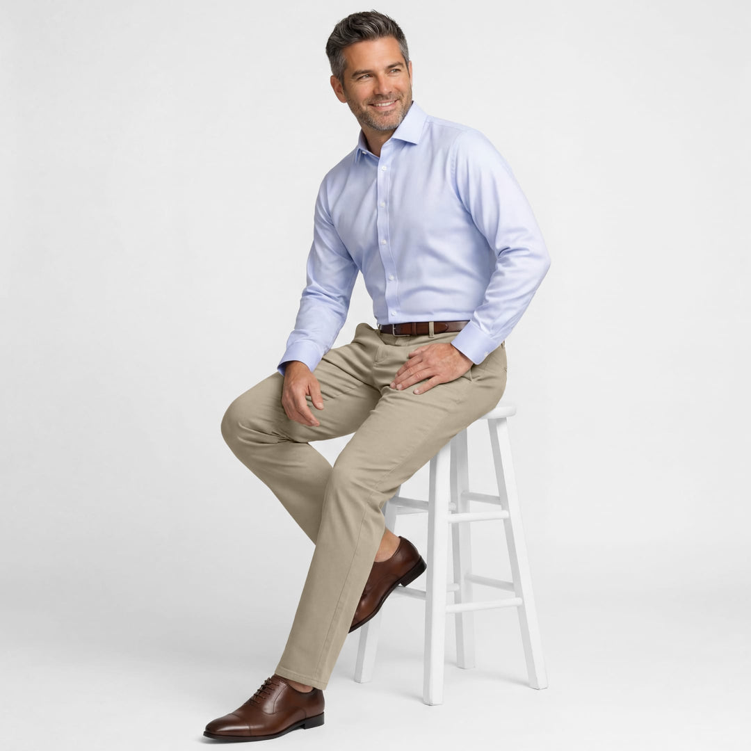 chinos and dress shirt Ash & Erie Straight Fit Khaki Signature Chinos for Short Men Khaki / 31 / 28