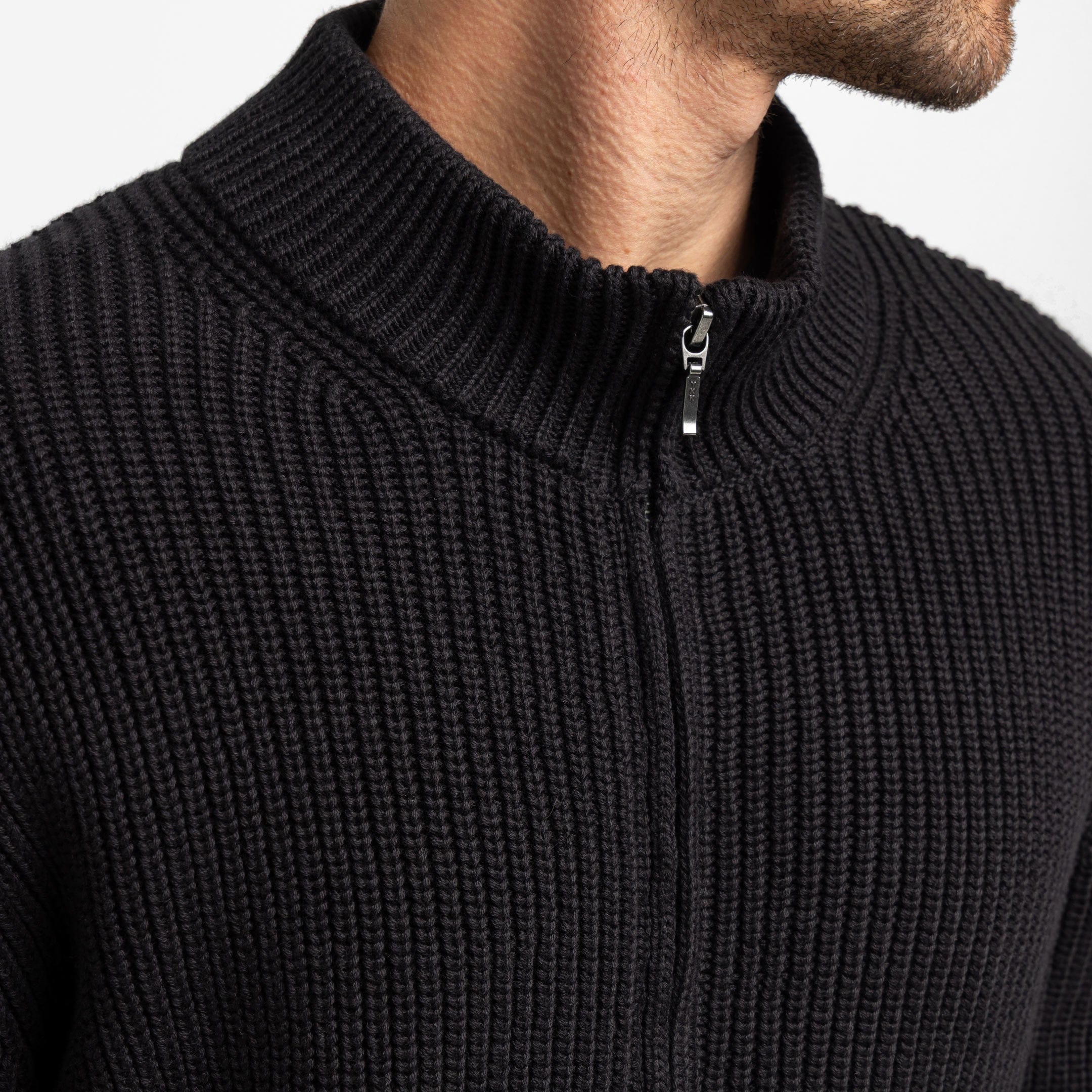 Black Waffle Knit Full-Zip Sweater for Short Men | Ash & Erie   Sweater
