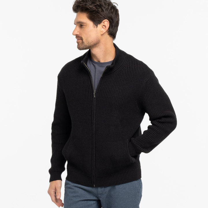 Black Waffle Knit Full-Zip Sweater for Short Men | Ash & Erie   Sweater