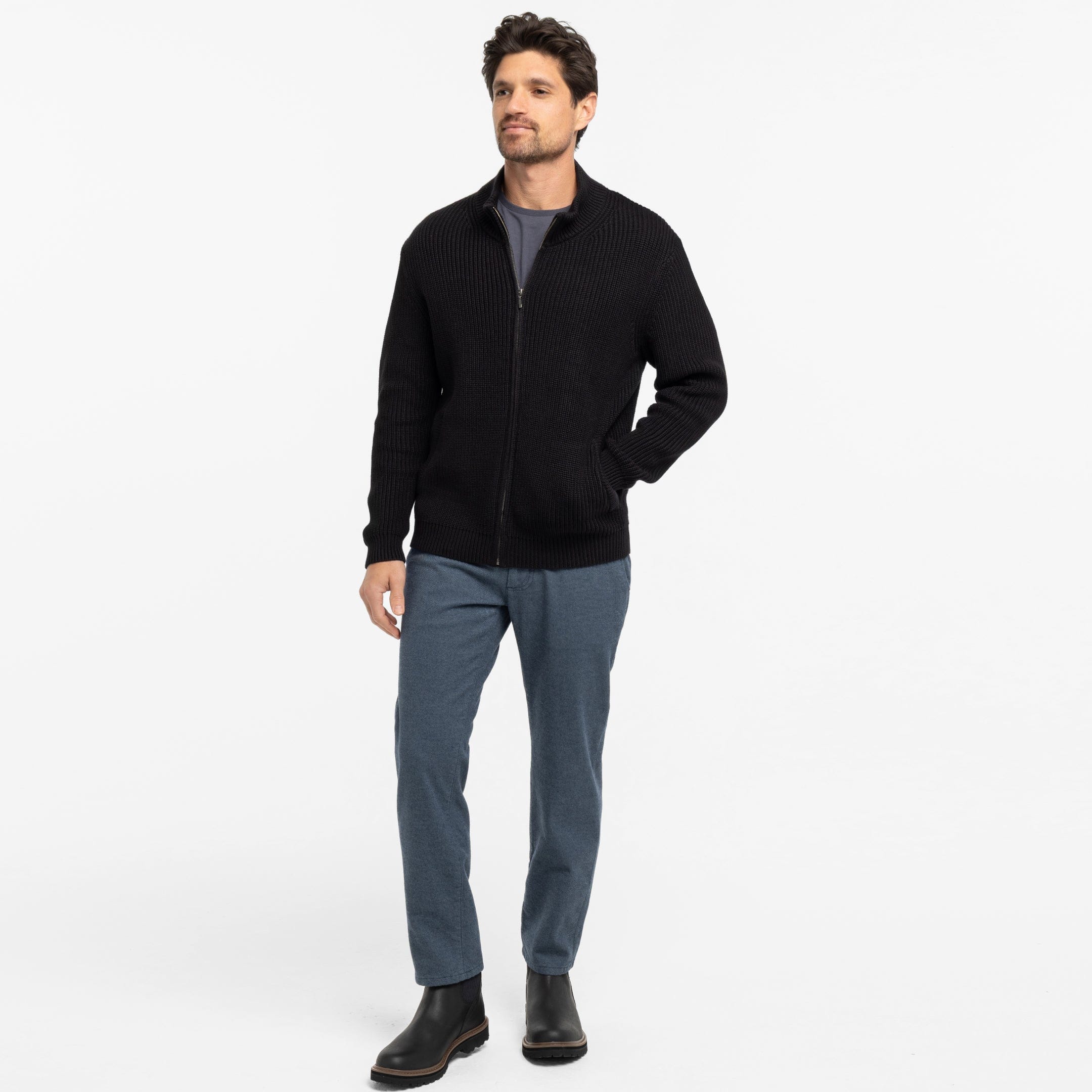 Black Waffle Knit Full-Zip Sweater for Short Men | Ash & Erie   Sweater