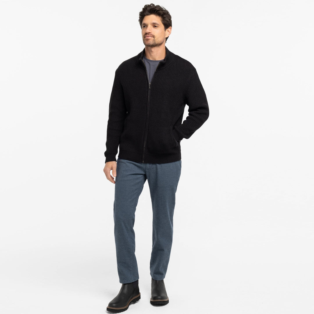Black Waffle Knit Full-Zip Sweater for Short Men