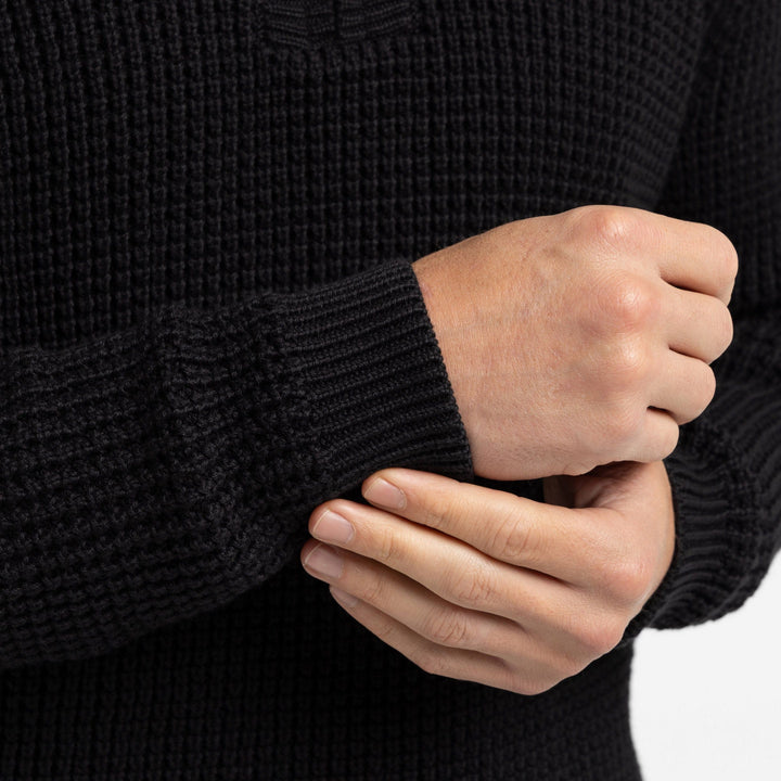 Black Waffle Knit Quarter-Zip Sweater for Short Men | Ash & Erie   Sweater