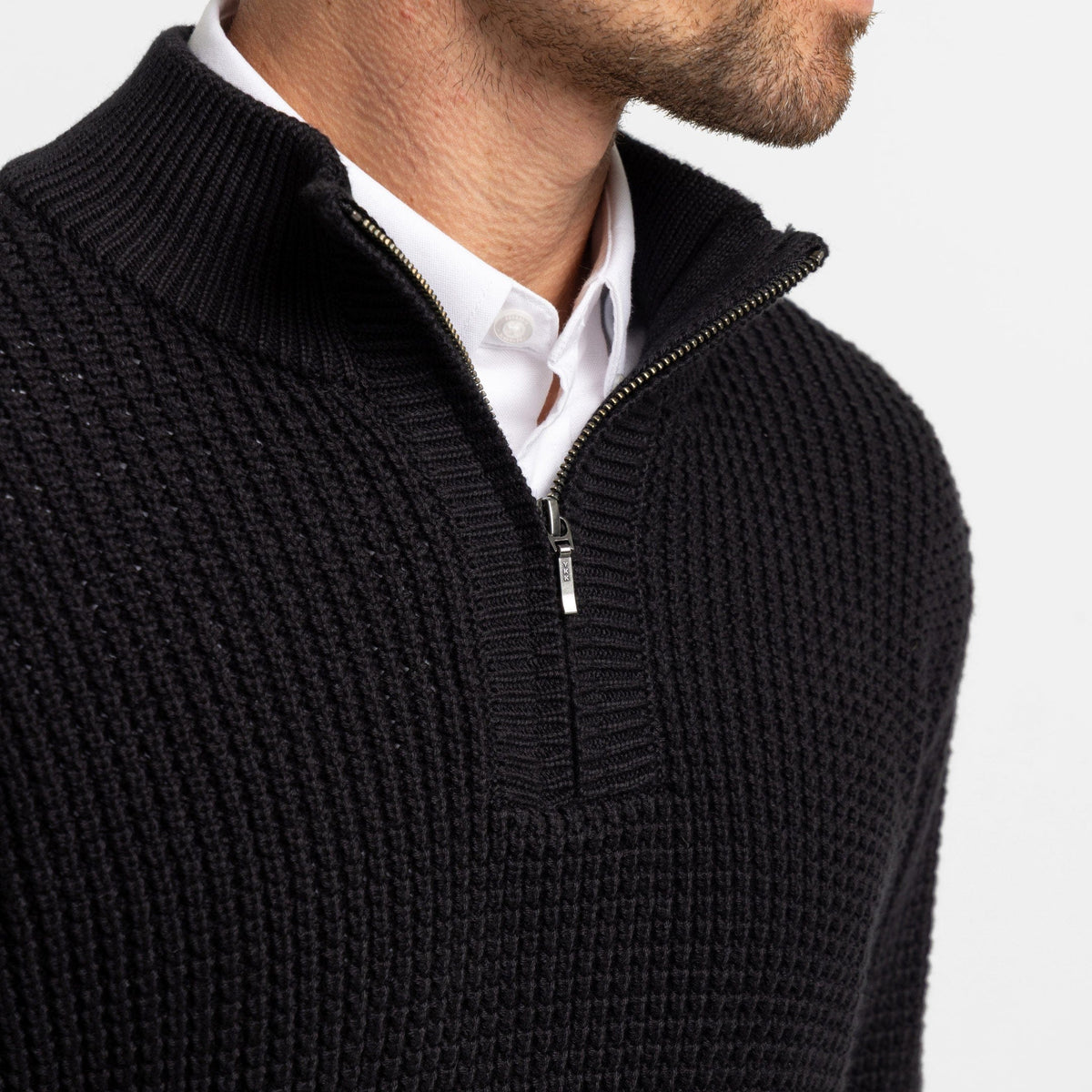 Black Waffle Knit Quarter-Zip Sweater for Short Men | Ash & Erie