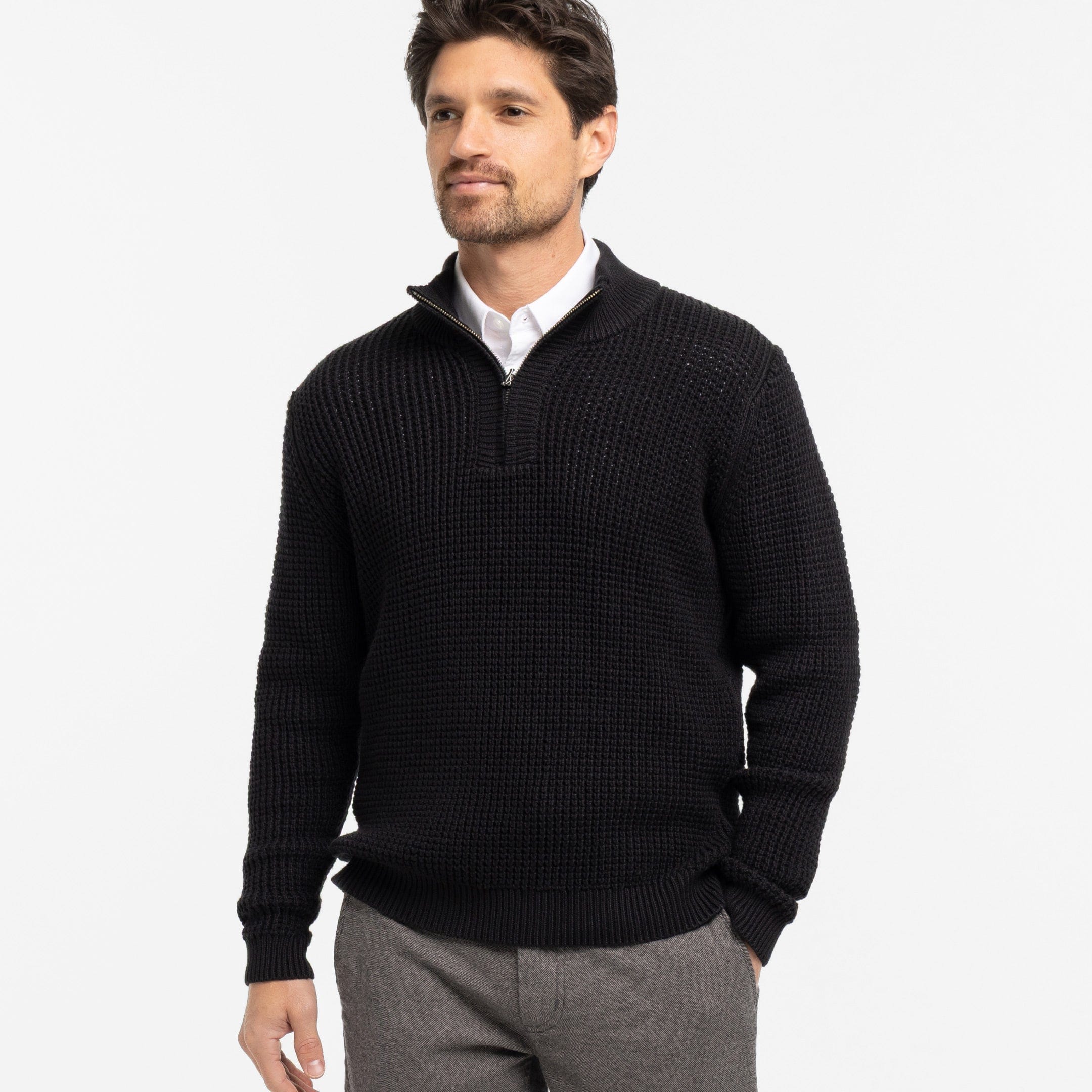 Black Waffle Knit Quarter-Zip Sweater for Short Men | Ash & Erie   Sweater