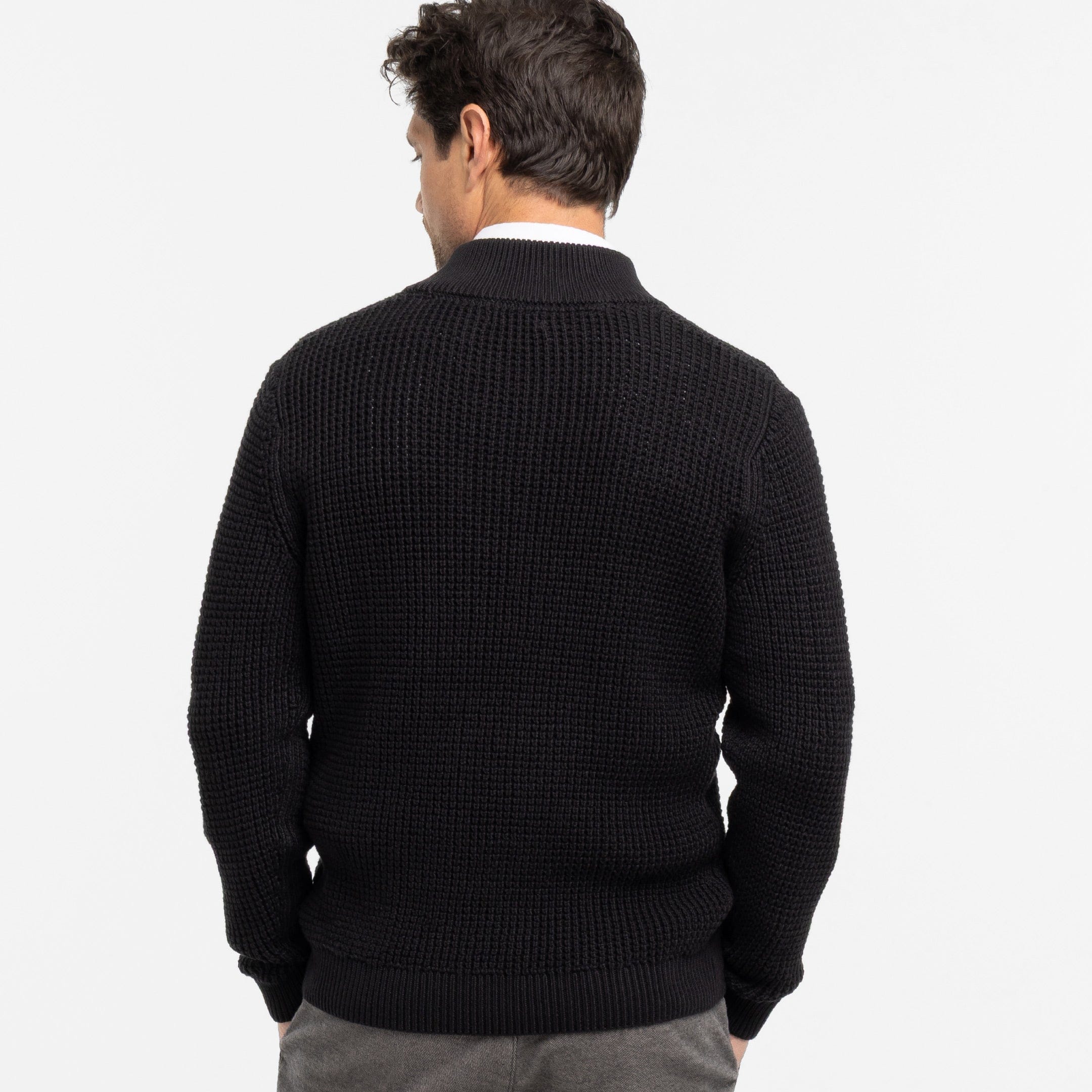 Black Waffle Knit Quarter-Zip Sweater for Short Men | Ash & Erie   Sweater