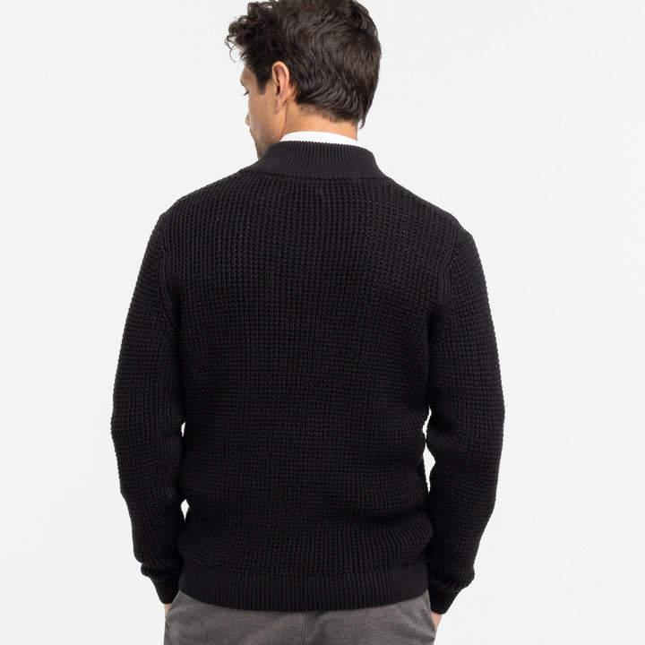 Black Waffle Knit Quarter-Zip Sweater for Short Men | Ash & Erie   Sweater