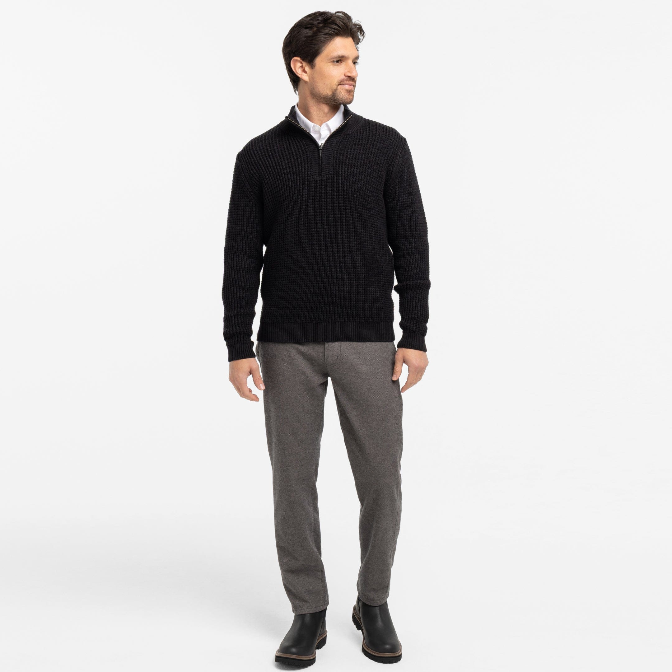 Black Waffle Knit Quarter-Zip Sweater for Short Men | Ash & Erie   Sweater