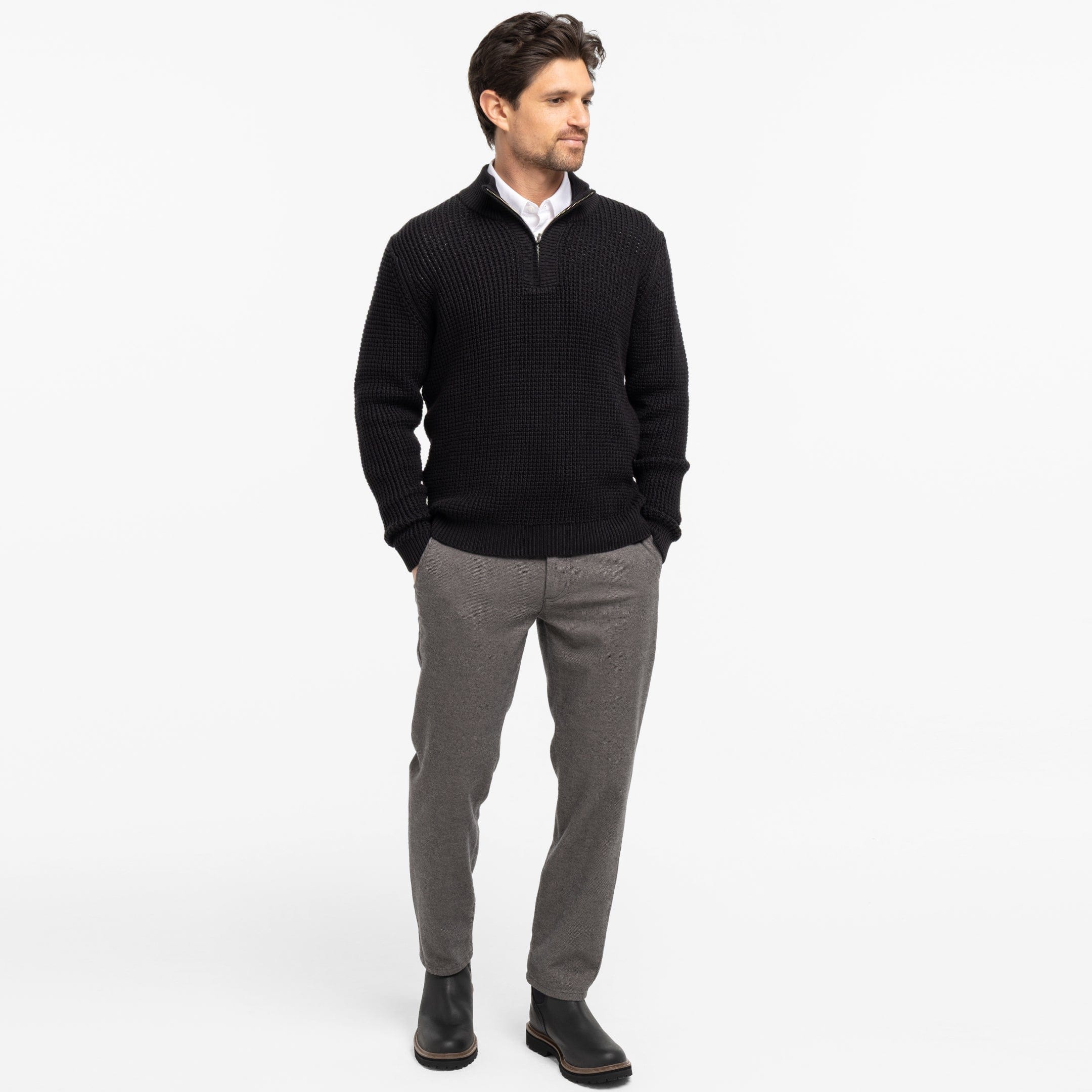 Black Waffle Knit Quarter-Zip Sweater for Short Men | Ash & Erie   Sweater