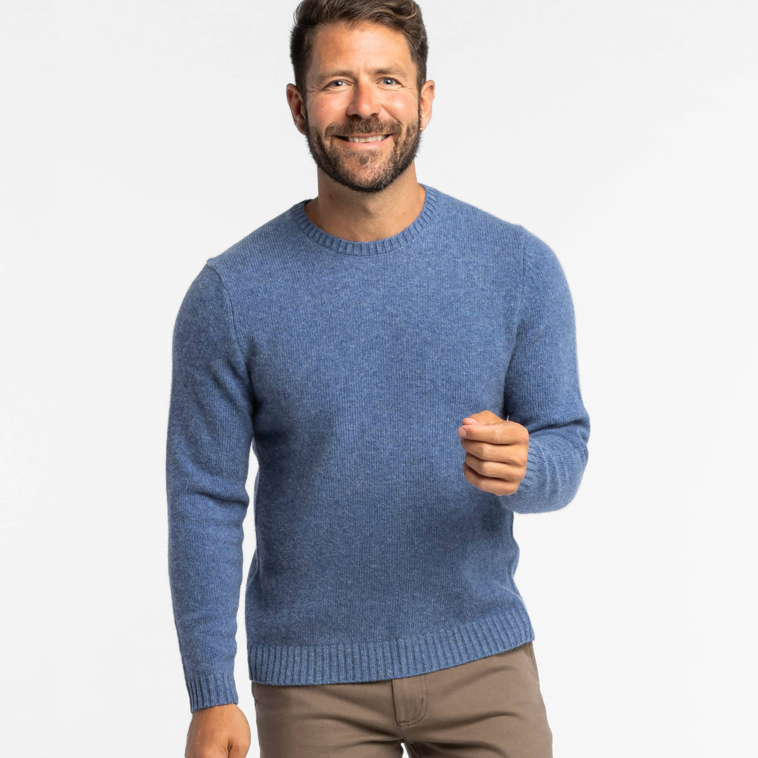 dress sweater men Ash & Erie Blue Melange Cashmere Crew Neck Sweater for Short Men