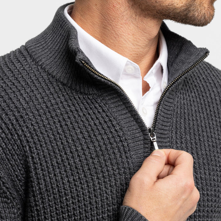 Heather Grey Waffle Knit Quarter-Zip Sweater for Short Men | Ash & Erie   Sweater