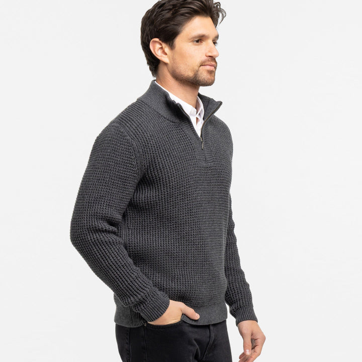 Heather Grey Waffle Knit Quarter-Zip Sweater for Short Men | Ash & Erie   Sweater