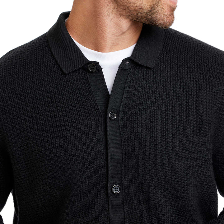 Black Full Placket Merino Sweater for Short Men | Ash & Erie   Sweater Polo