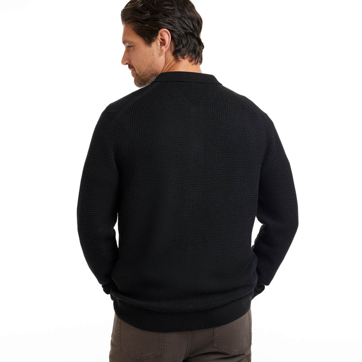 Black Full Placket Merino Sweater for Short Men | Ash & Erie   Sweater Polo