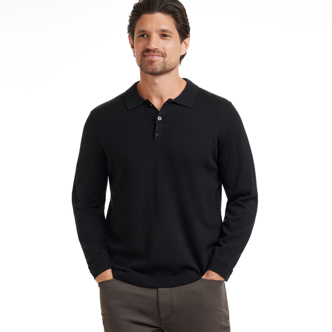 Black Merino Wool Sweater Polo for Short Men | Ash & Erie   Sweater Polo