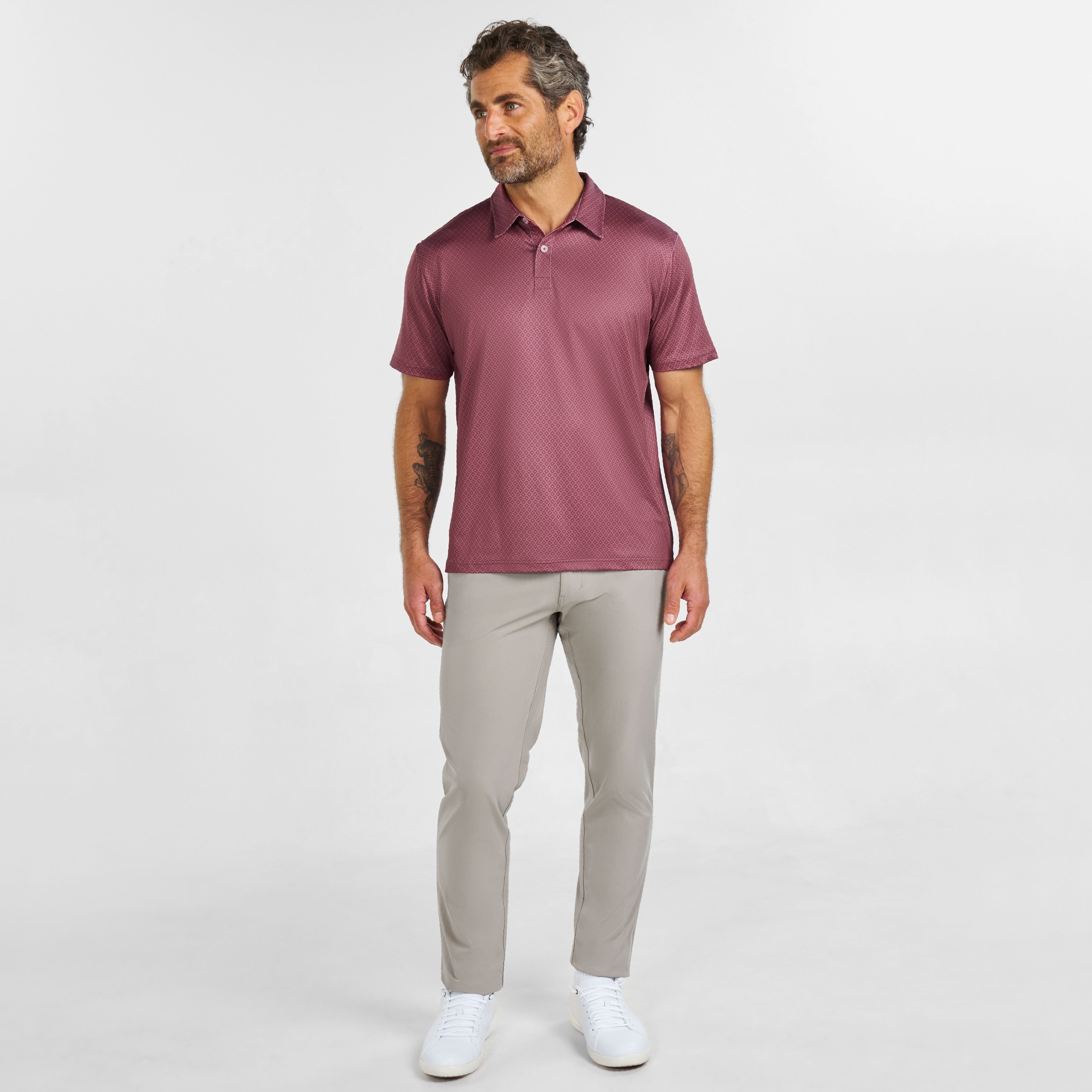 Ash & Erie Burgundy Links Tech Polo Shirt for Short Men Burgundy Links / M Ash & Erie Burgundy Links Tech Polo Shirt for Short Men Burgundy Links / M