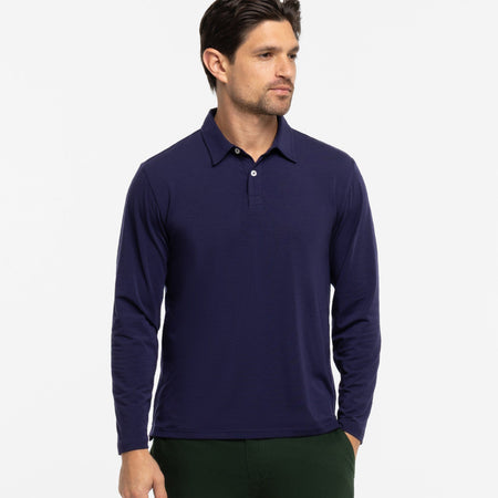 Ash & Erie Navy Long Sleeve Tech Polo Shirt for Short Men