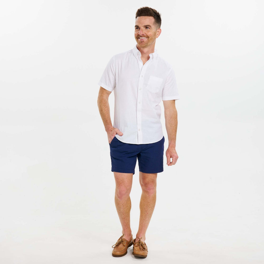 Ash & Erie Blue Seersucker Deck Shorts for Short Men   Walking Shorts