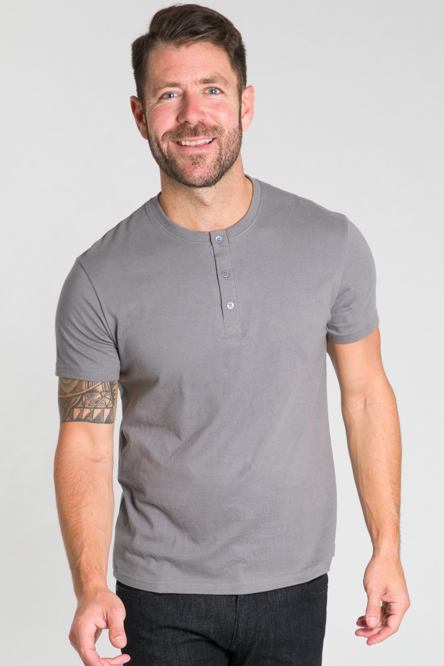 Ash & Erie Light Grey Short Sleeve Henley for Short Men