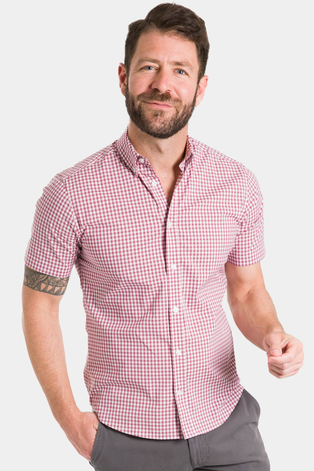 Buy Brick Gingham Plaid Short Sleeve Shirt for Short Men | Ash & Erie   Short Sleeve Everyday Shirts