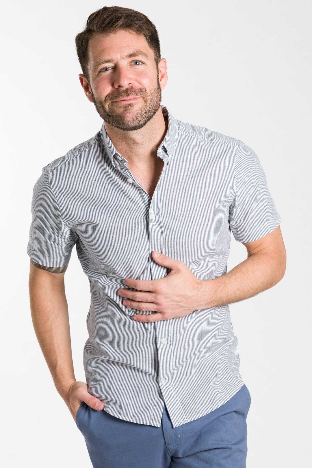 Buy Linen Stripes Plaid Short Sleeve Shirt for Short Men | Ash & Erie   Short Sleeve Everyday Shirts
